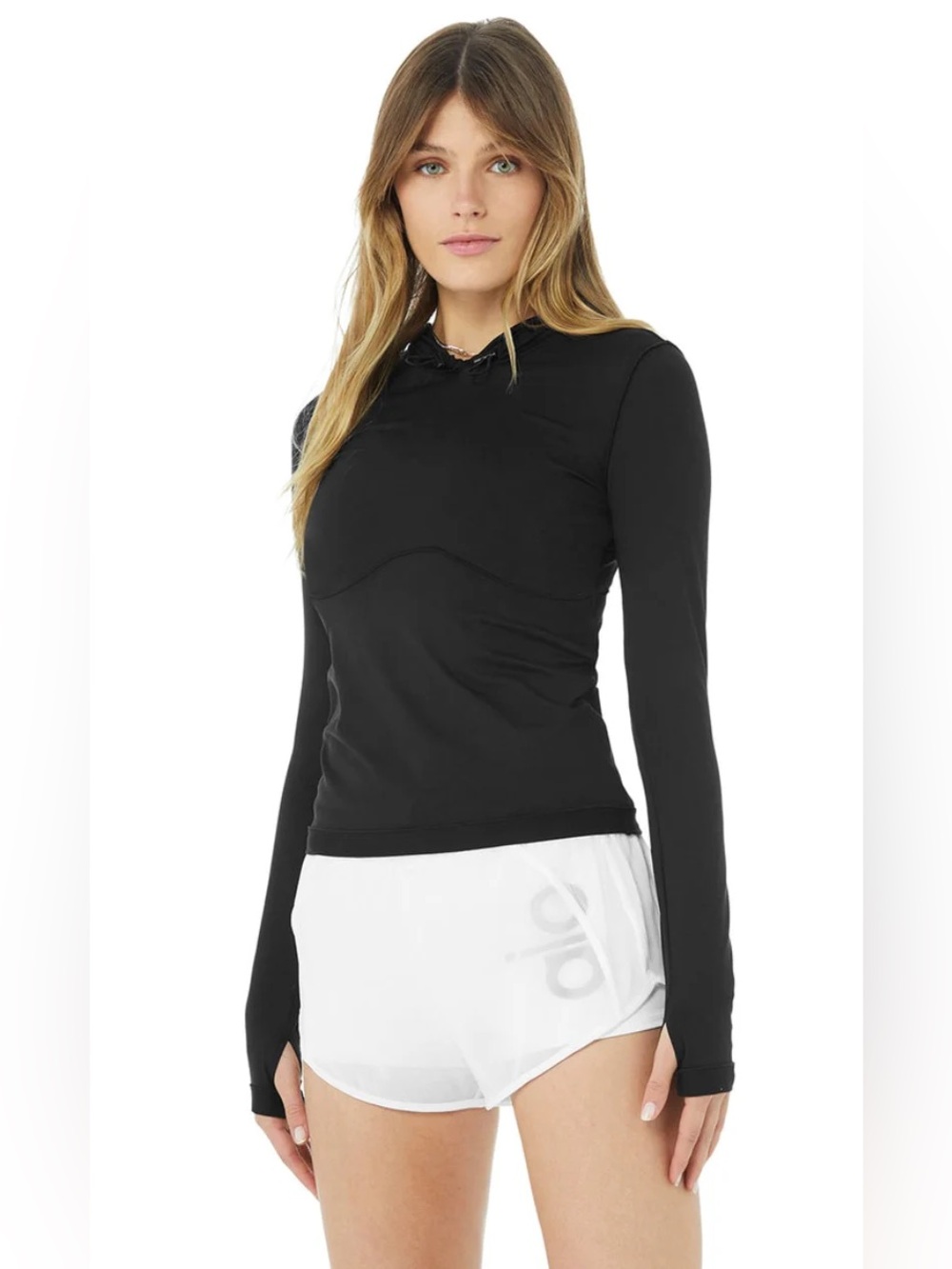 Alo Yoga Alosoft Hooded Runner Long Sleeve Black Athletic Top Size Small - Picture 2 of 16